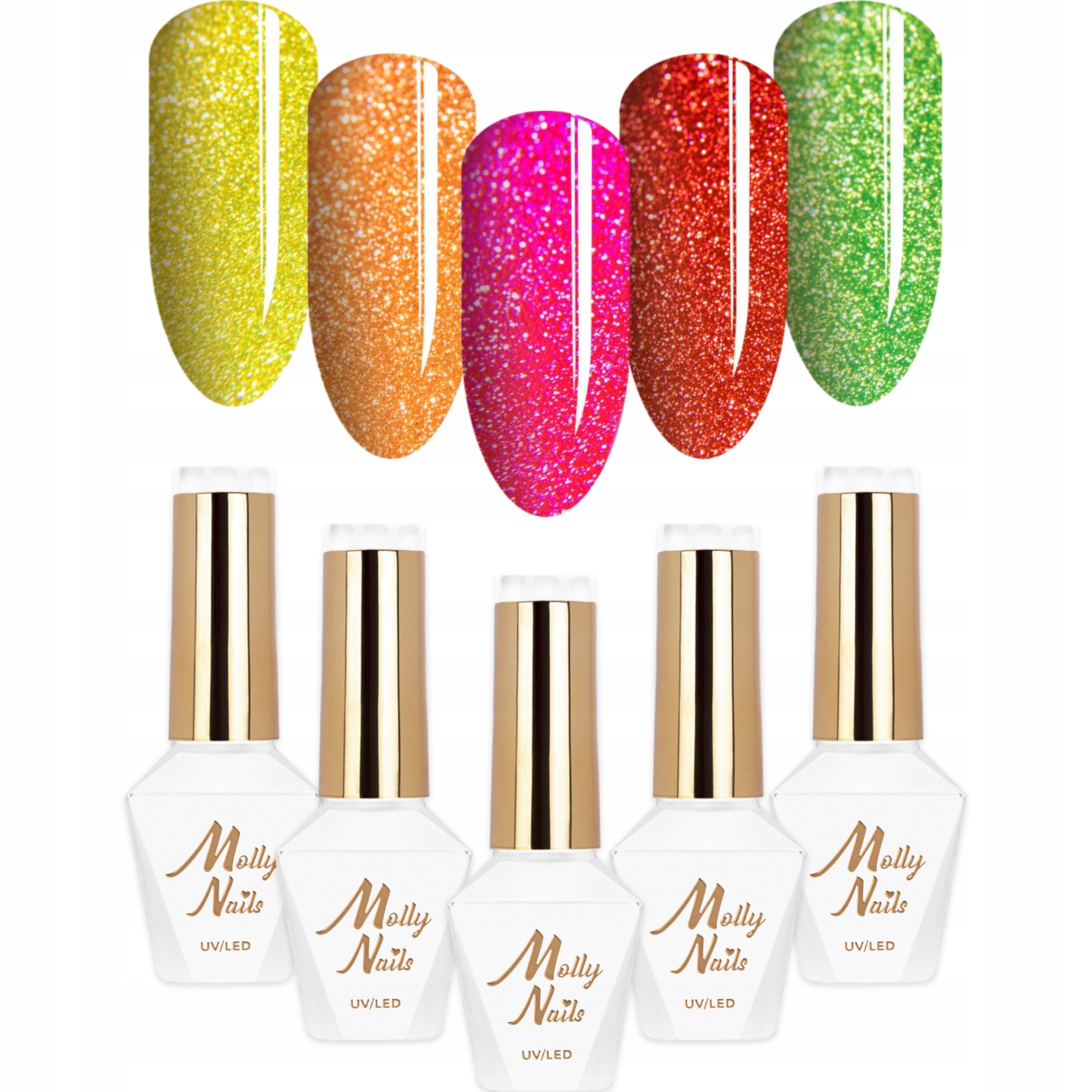5x Hybridní lak Mollynails 8g Skittle Nails Flashing Set na léto 5v1