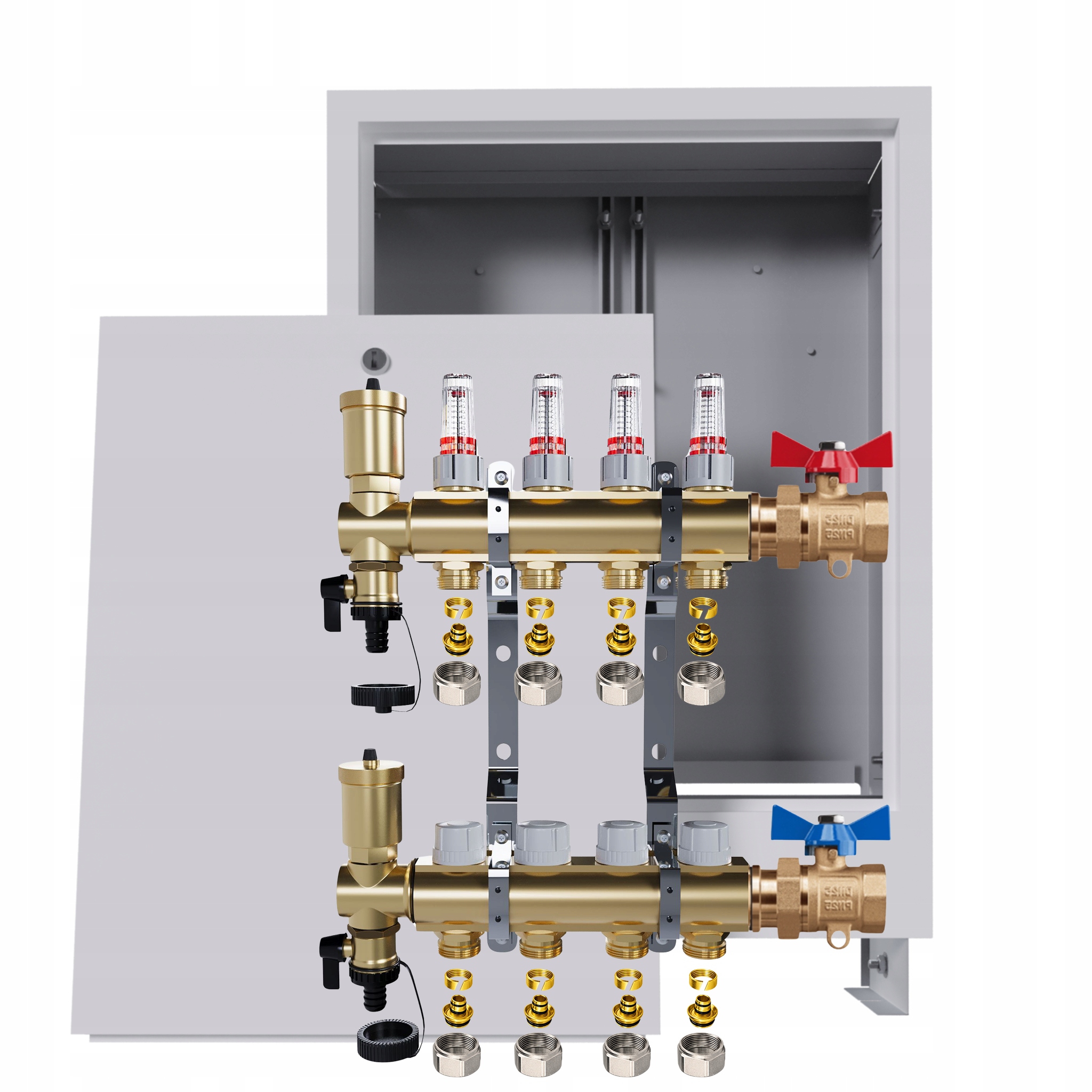 Rozdělovač podlahových krytin mosazný 4 okruhy podomítková skříň ventily Pex