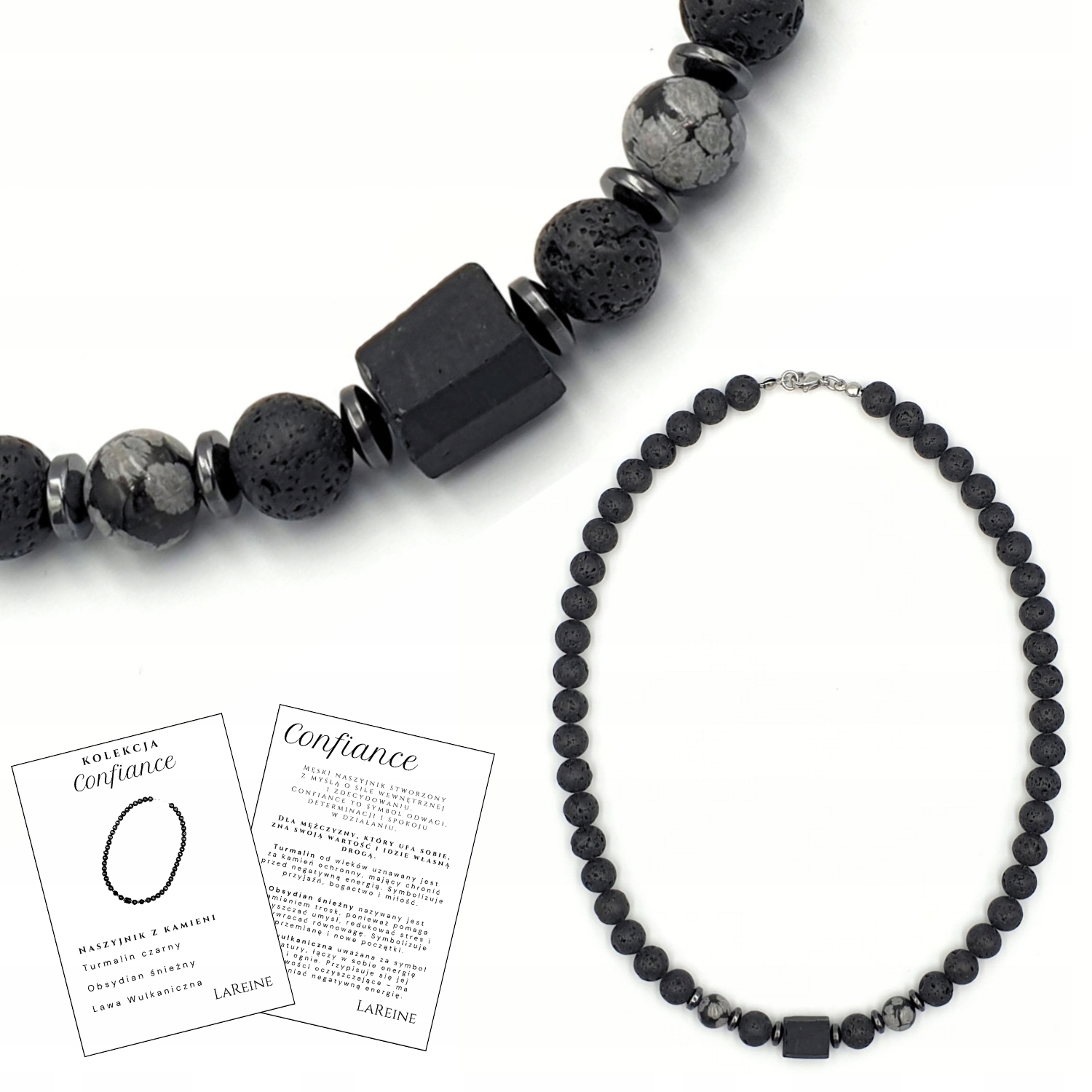 Naszyjnik męski turmalin obsydian lawa 55cm kamienie stal szlachetna