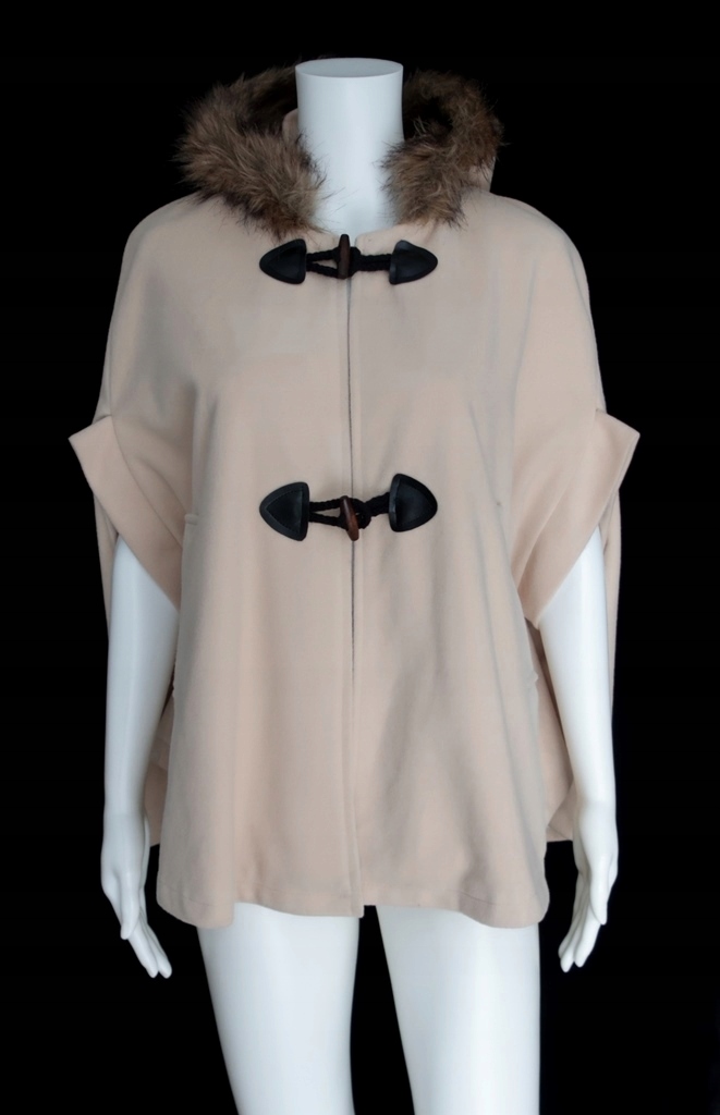 BEŻOWE PONCHO PŁASZCZYK FUTERKO KAPTUR LUŹNE M 38 NARZUTKA