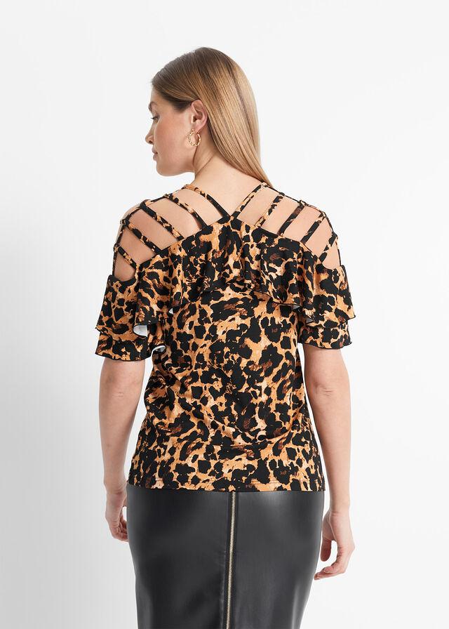 BLUZKA W PANTERKĘ OZDOBNE PASKI BONPRIX 36 Dekolt odkryte ramiona