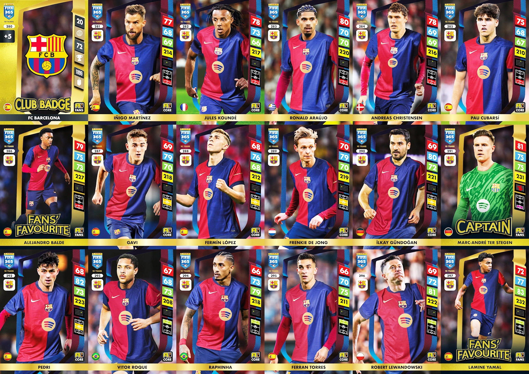 Fc Barcelona Fifa 365 2025 Adrenalyn XL Panini 18 kart 280-297 Komplet