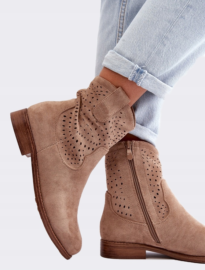 Botki Damskie Wygodne Modne Ażurowe Mocne Fajne Kowbojki Barski Beżowe 40 Model HY66-135