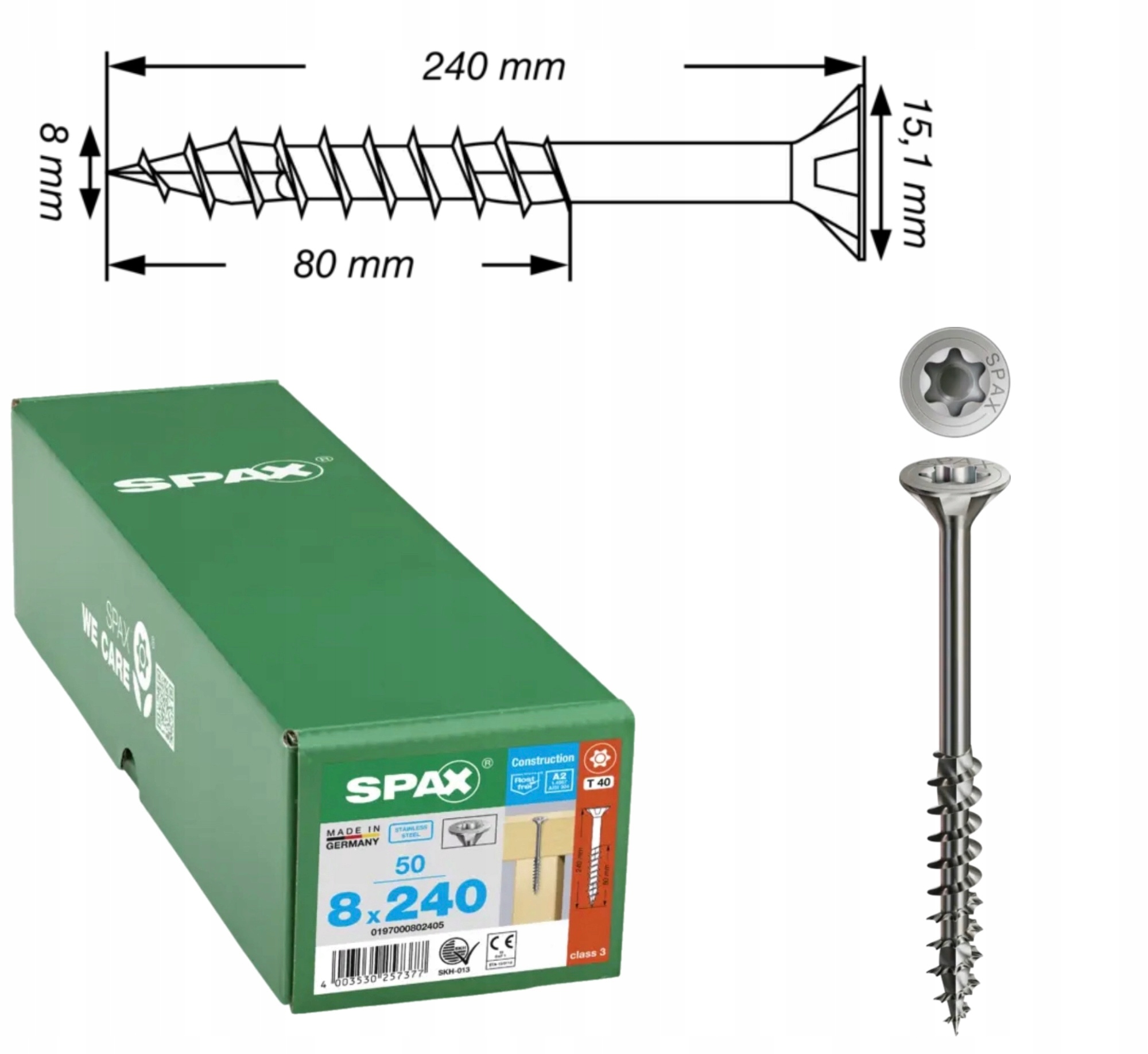 Univerzální šroub do dřeva spax ocel 8 x 240 A2 Tx 50 ks