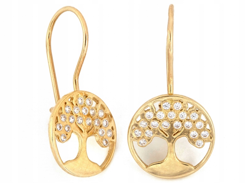 Zlaté náušnice 585 s stromkem štěstí zdobené zirkony na 14kt biglu