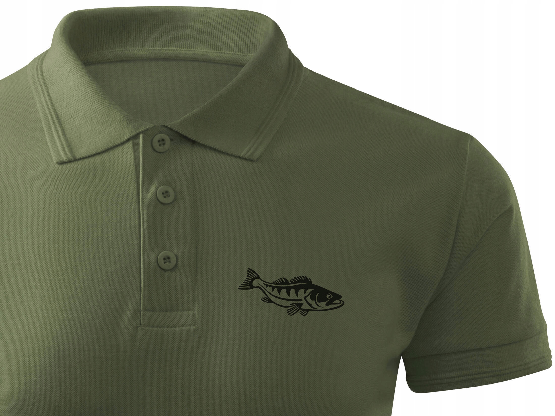 Koszulka męska polo kolor khaki dla Wędkarza mały nadruk Sandacz roz. 3XL