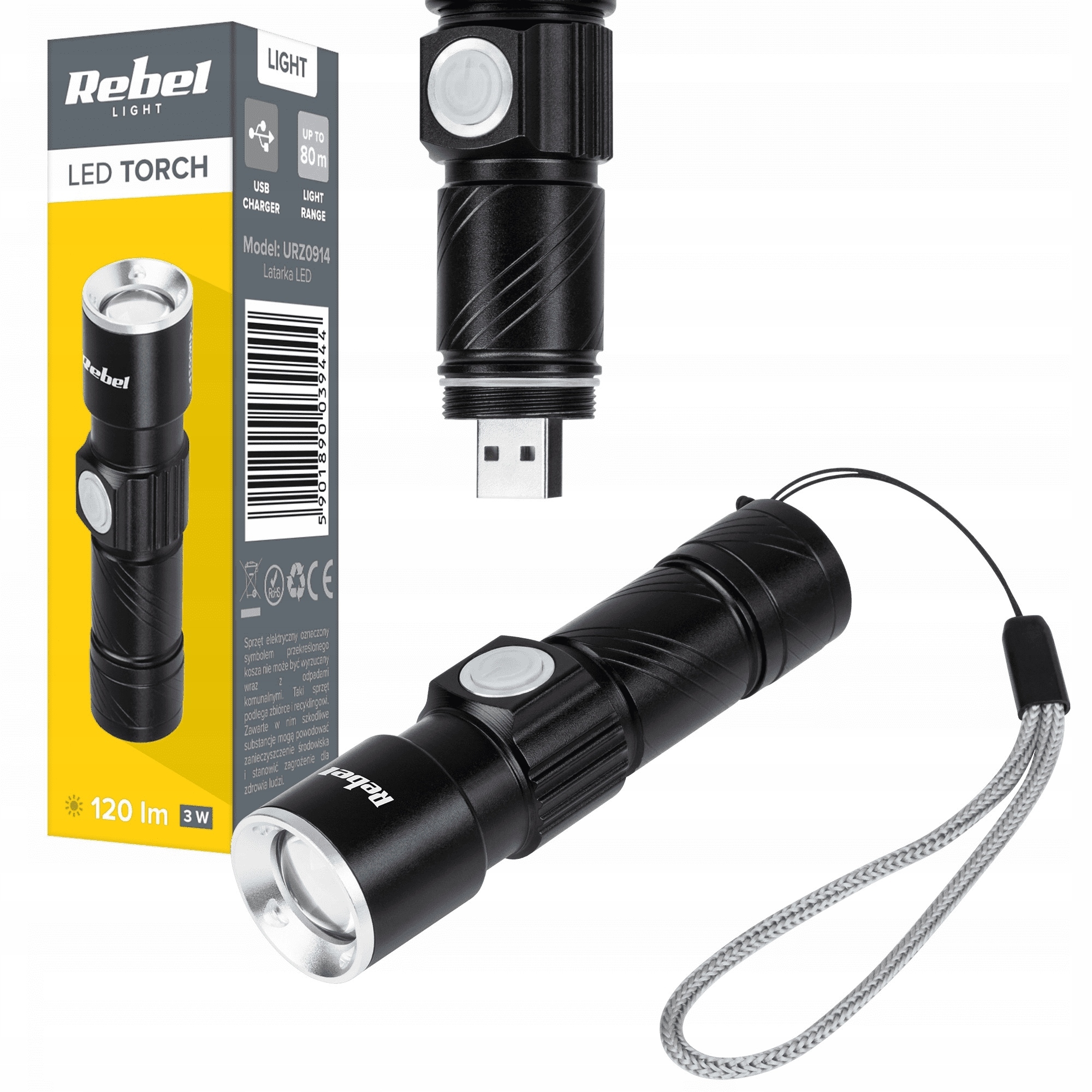 Latarka Ręczna Led 3W Akumulator Aluminiowa Zoom Wtyk Usb Rebel
