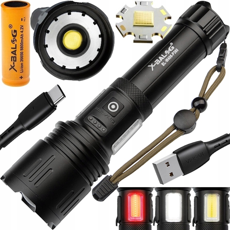 X-balog Odolná Svítilna S Bočním Světlem Na Akumulátor Powerbank Zoom