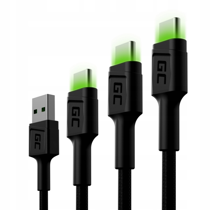 3x кабель USB-C 30 120 200 см LED Green Cell QC 3.0