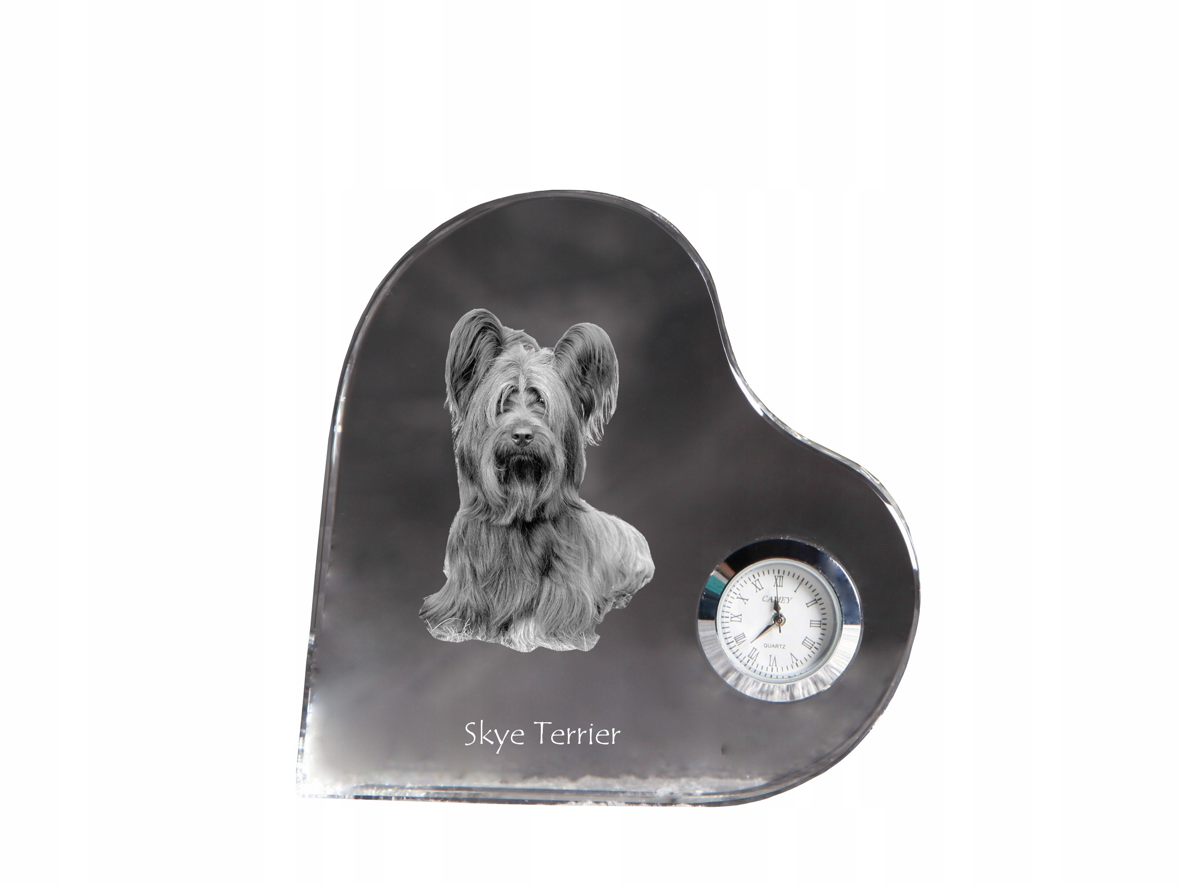 Skye Terrier – krištáľové hodiny v tvare srdca s vašou fotografiou