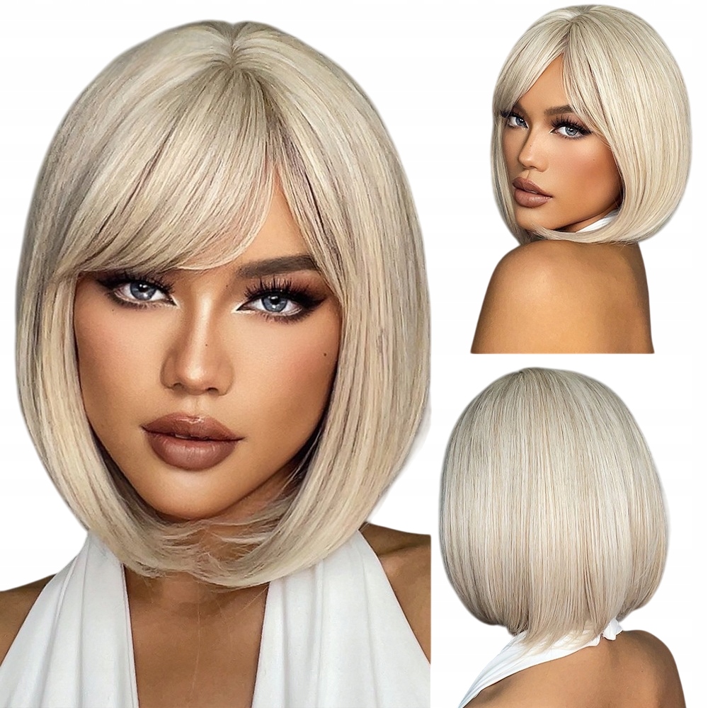 Peruka damska mleczny blond bob z grzywką włosy jak naturalne peruki damski