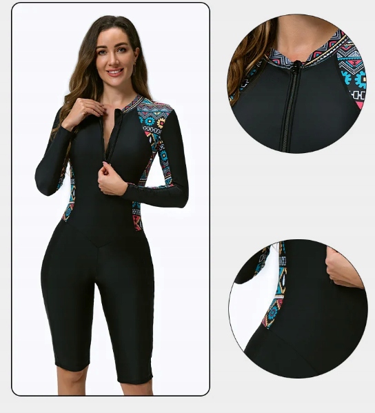 STRÓJ KĄPIELOWY JEDNOCZĘŚCIOWY KOSTIUM ZAMEK NOGAWKI DŁUGI RĘKAW MORSOWANIE Wzór dominujący aztecki