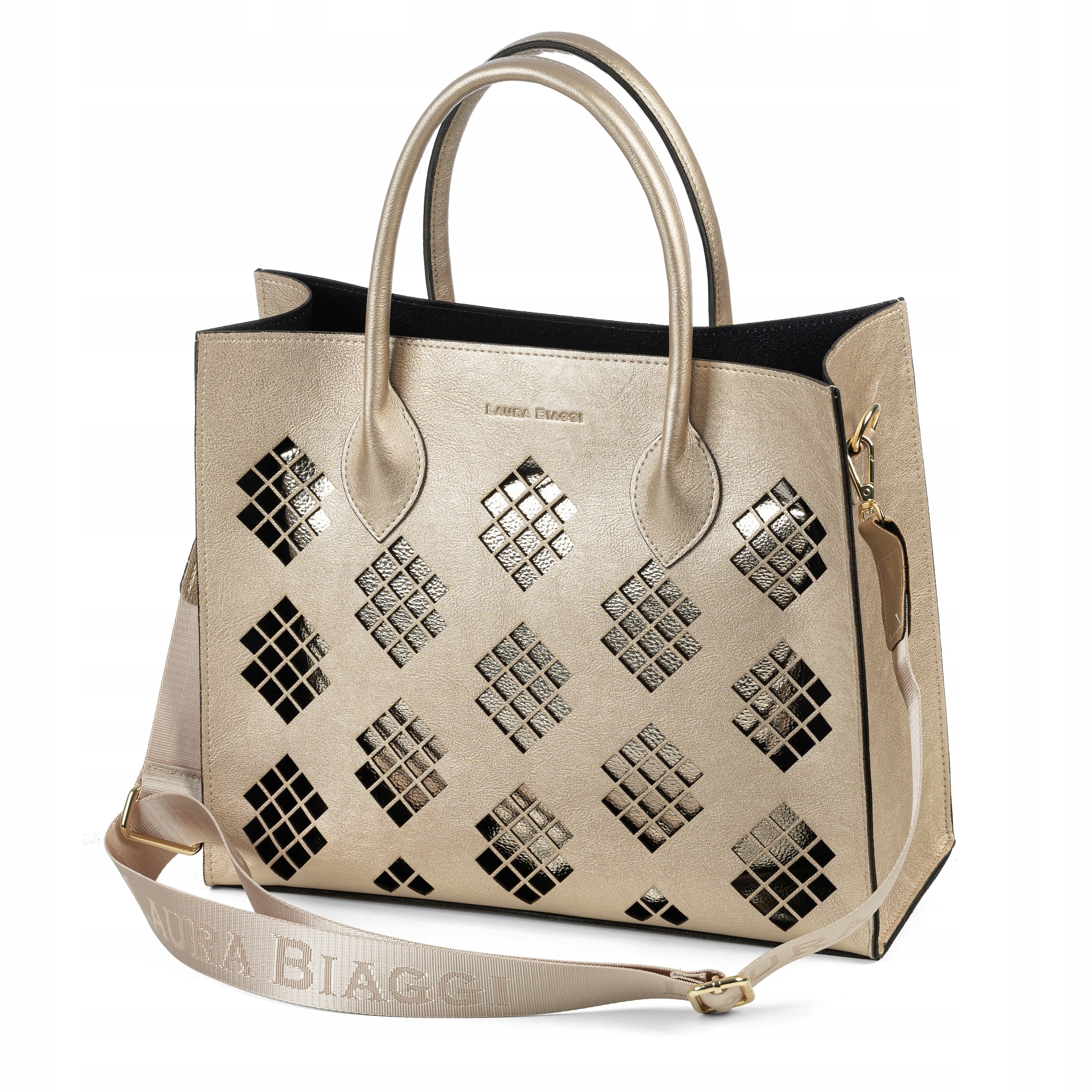 Elegantní Zlatá Dámská Kabelka Kufřík Shopper Laura Biaggi A4 S Vzorem