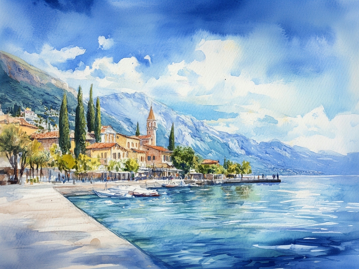 Obraz Na Plátně Canvas Jezero Itálie Krajina Hory Garda Akvarel 100x75