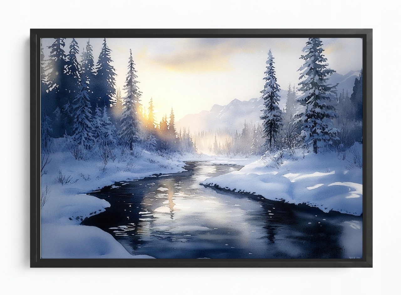 Obraz Rám Americká Krajina Hory Vrcholky Les Řeka Zima Sníh 60x40