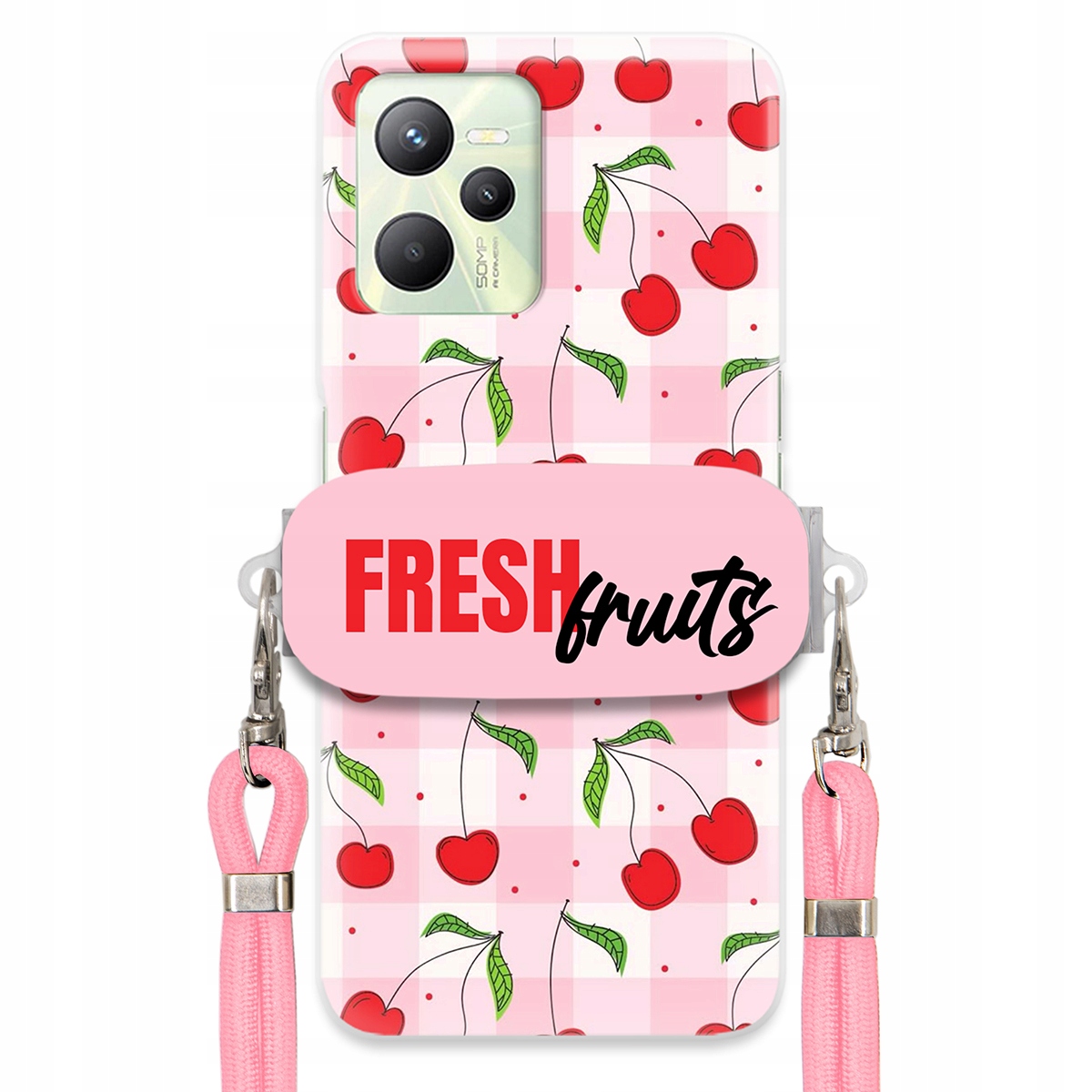 Pouzdro pro Realme C35 Case Držák Šňůrky Růžová Fresh Fruits Mřížka Ovoce