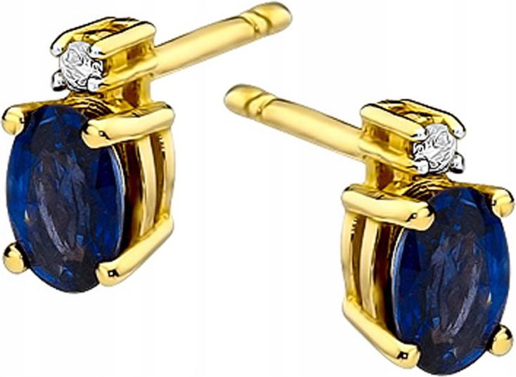 Zlaté náušnice 585 se safírem a diamanty, šroubovací tyčinka jako dárek 14k