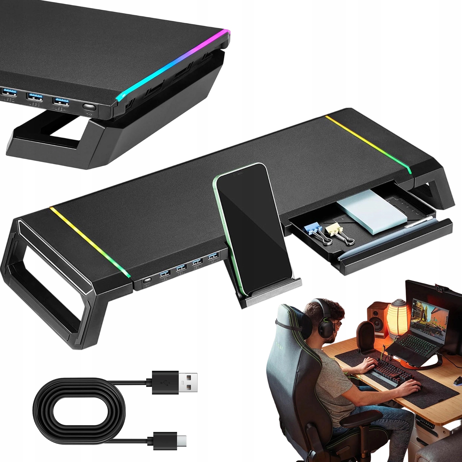 Nastavitelný Podstavec Pod Monitor S Rgb Podsvícením, 4 Usb Porty