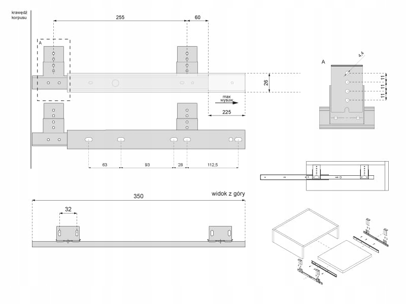 PROWADNICA POD PÓŁKĘ NA KLAWIATURĘ PK-117 L-350 Długość 350 mm