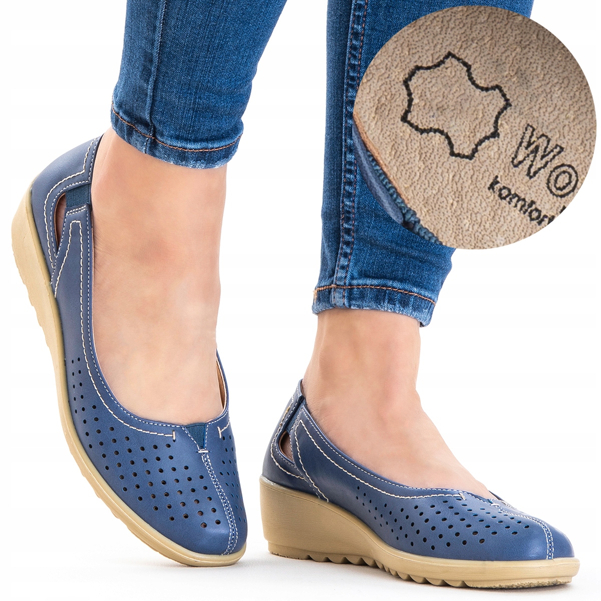 Polobotky s koženou stélkou, baleríny na klínku, Ažurové (děrované), lehké, Širší střih Wojtyłko 38