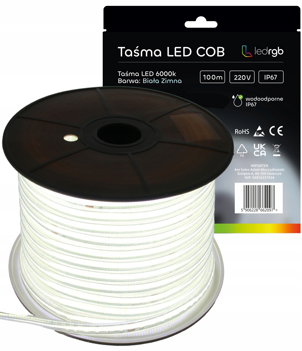 Led pásek Neon Cob 220V 230V 100m 6000K Bílý Studený Voděodolný IP67 10mm