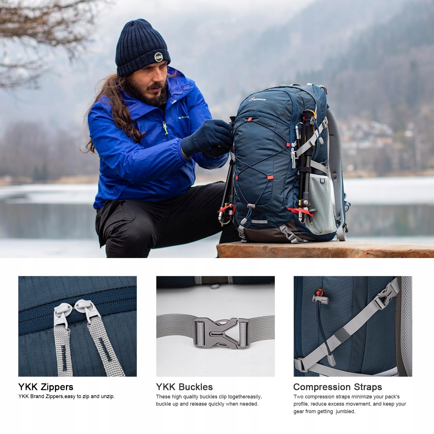 MOUNTAINTOP 40L Unisex Trekking Backpack with Rain Cover, Blue-Orange — miniatura 6