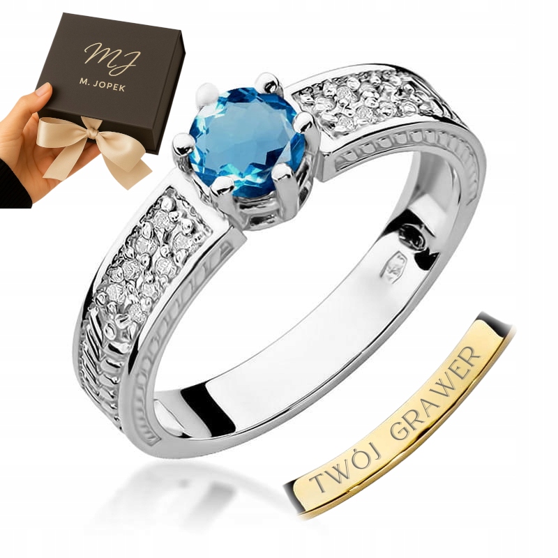 Prstýnek Z Bílého Zlata 585 S Topazem A Gravírování Diamanty 0,50 Kara