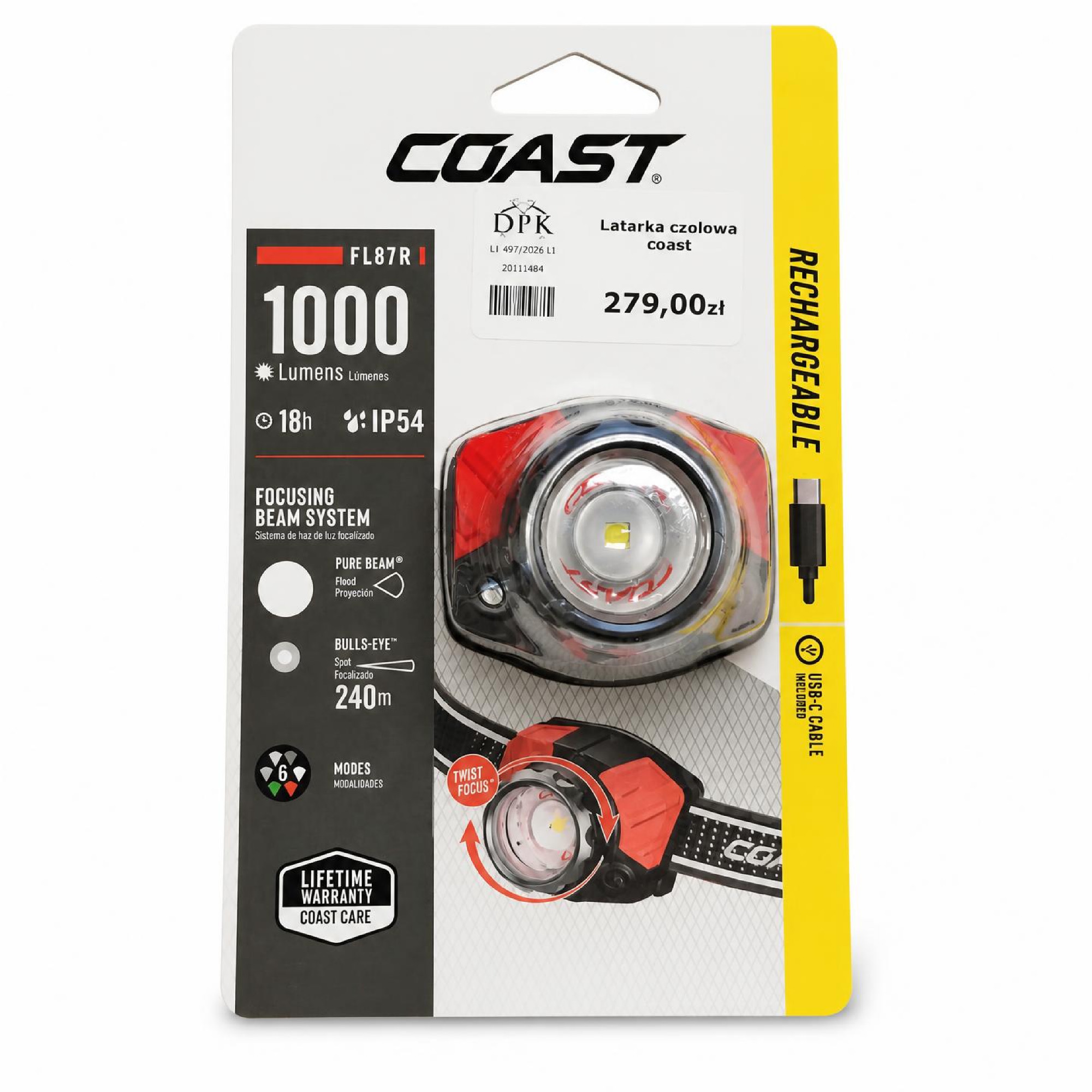 Coast FL87R Latarka czołowa Led 1000 lm Usb-c 240 m Akumulatorowa