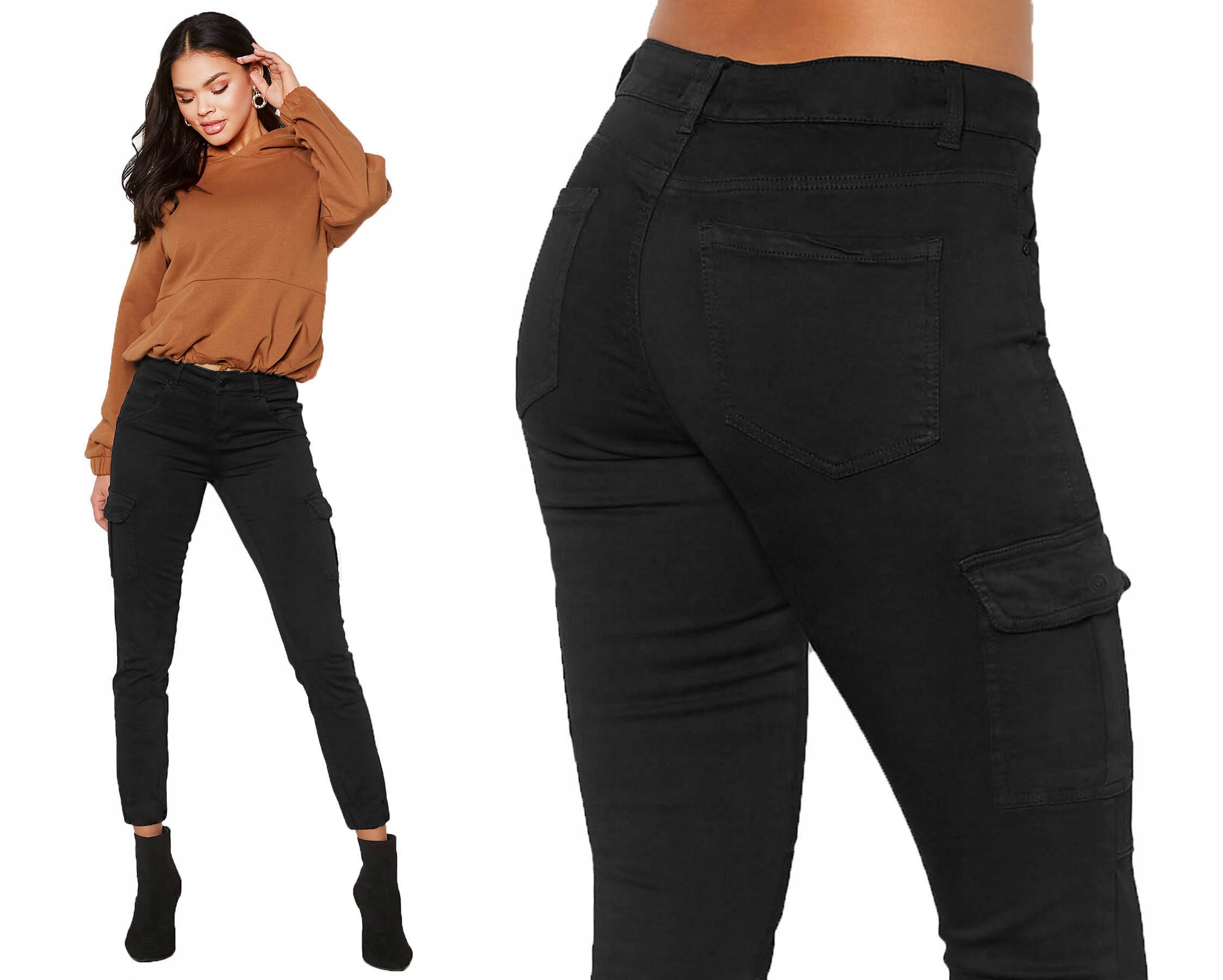 SPODNIE BOJÓWKI Z KIESZENIAMI DAMSKIE CARGO CZARNE MILITARNE DUŻE ROZMIARY