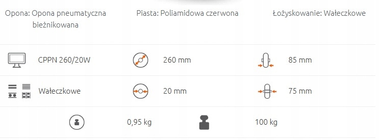 Kółko do wózka taczki koło 3.50-4 260x85 pompowane Marka Rader