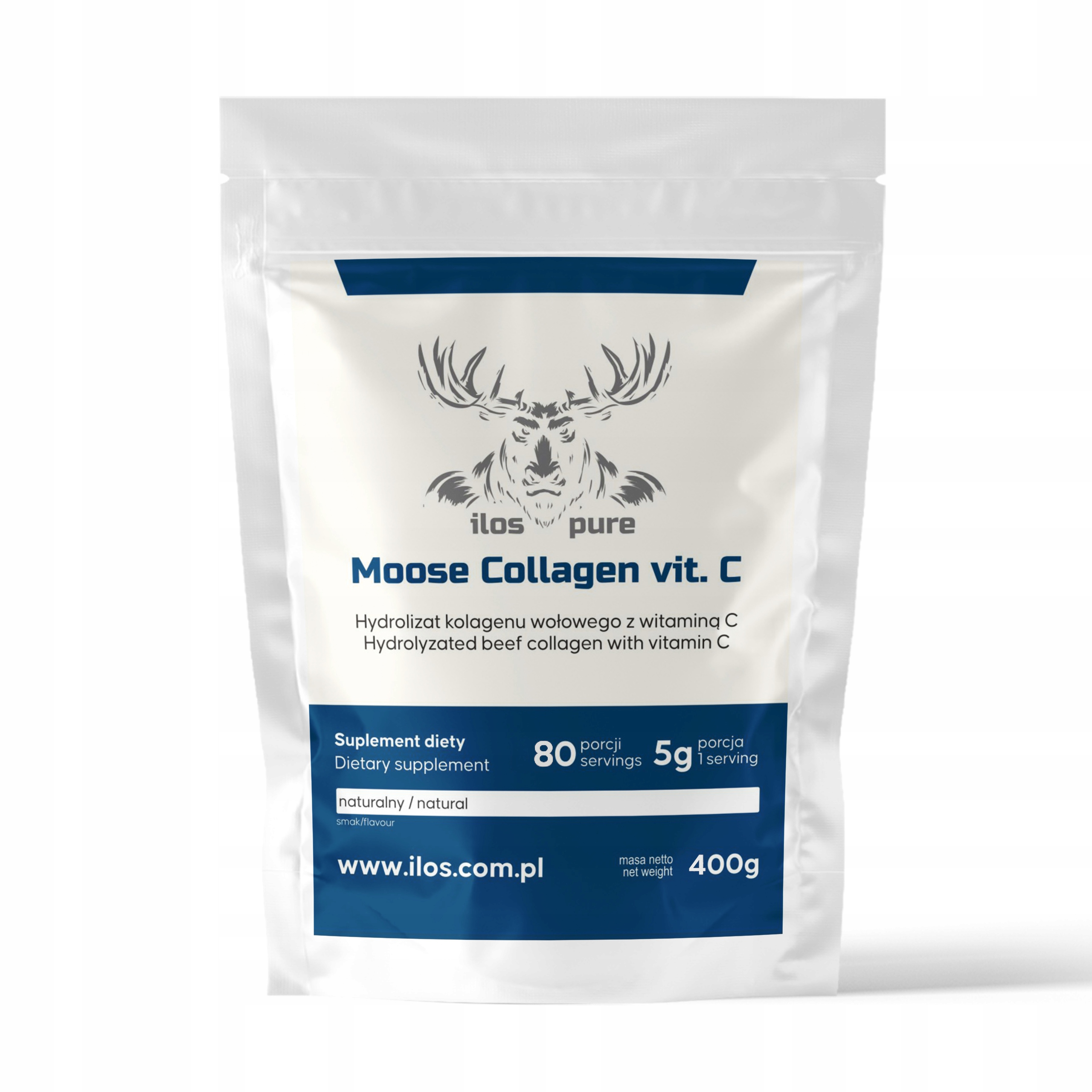 ilos MOOSE COLLAGEN KOLAGEN WOŁOWY TYP I i III z witamina C 400g NATURALNY