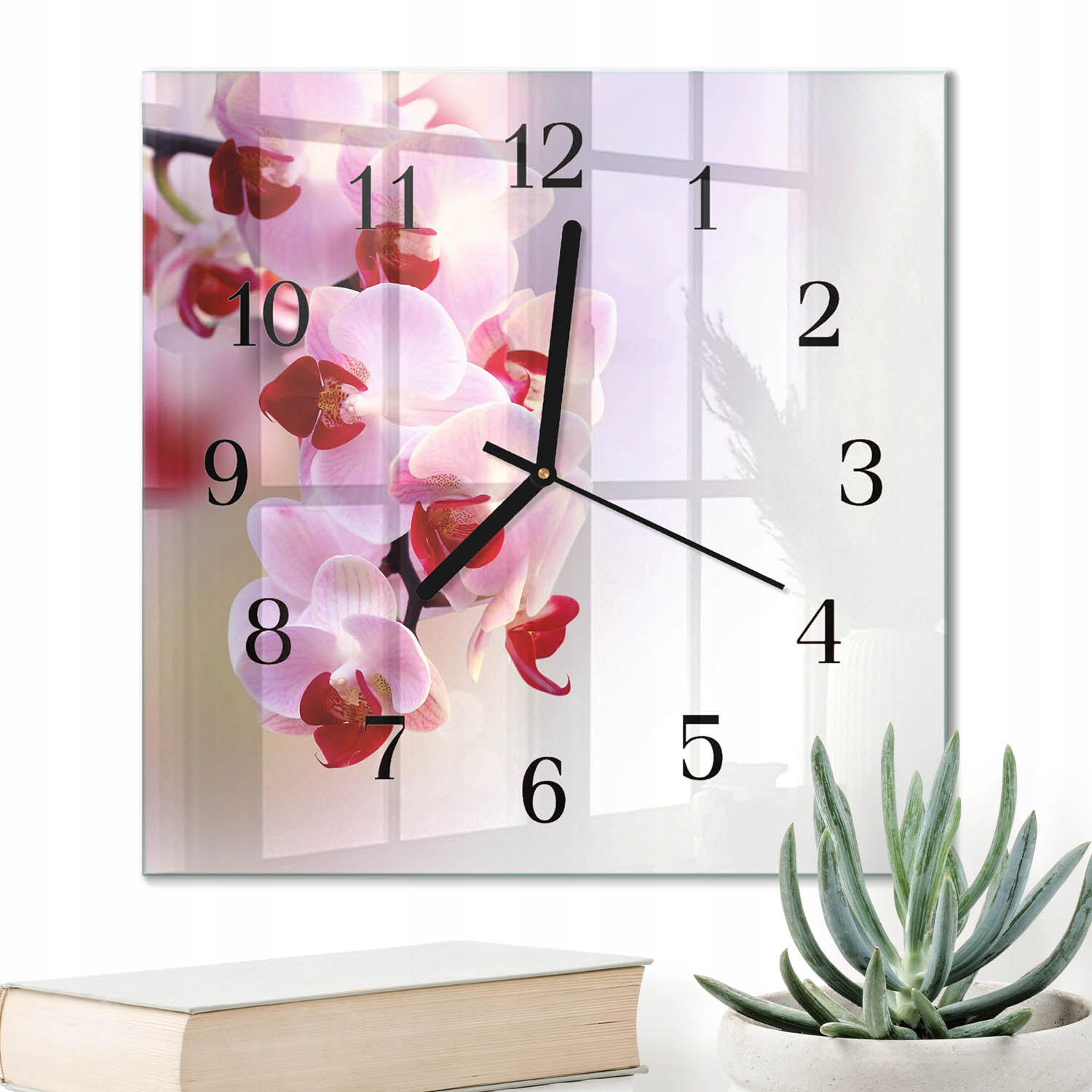 Čtvercové nástěnné skleněné hodiny 30 x 30 cm do obývacího pokoje s grafikou Orchidej