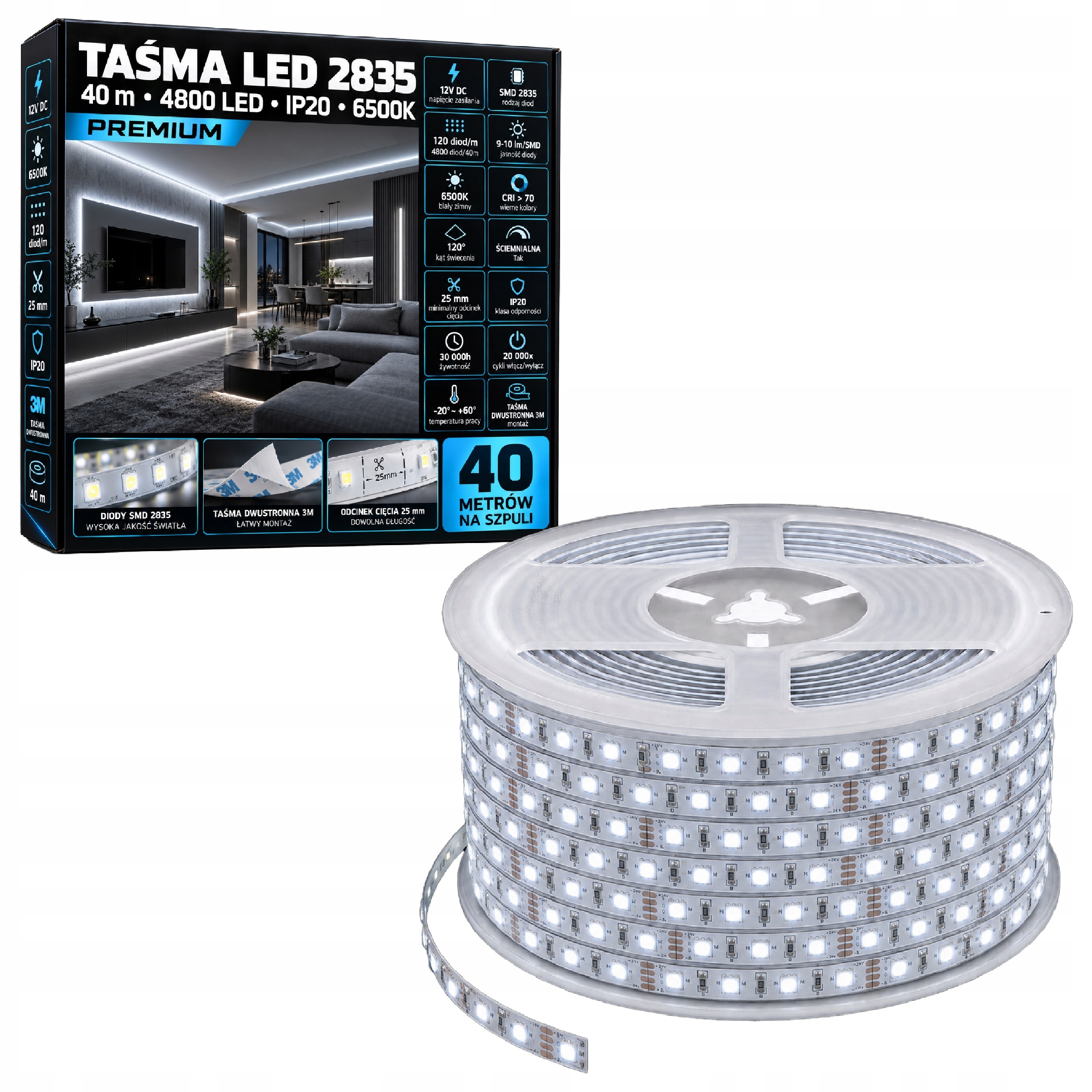 Led pásek 40 m Premium 4800 Led 6500K 12V IP20 120 LED/m Stmívatelná výp2