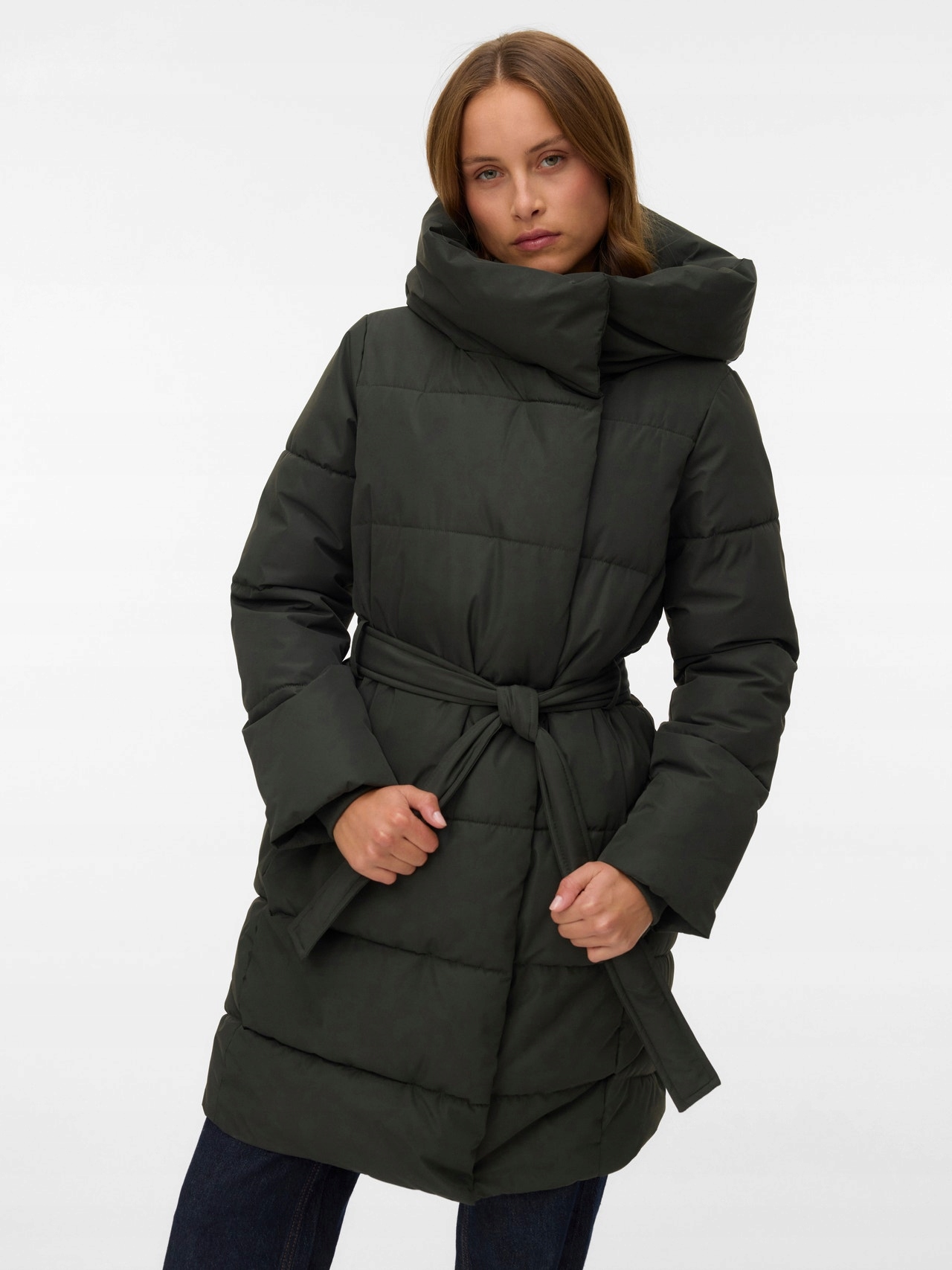 Vero Moda Khaki Prošívaný Kabát S Páskem A Kapucí XXL S 6FA