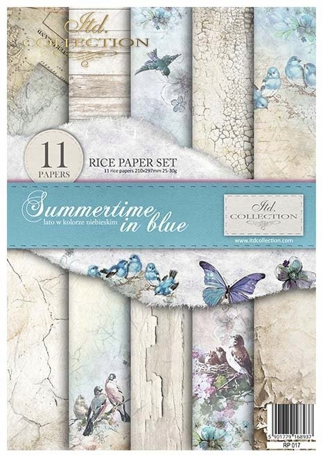 Sada 11 rýžových papírů A4 na decoupage RP017 Summertime v modré barvě