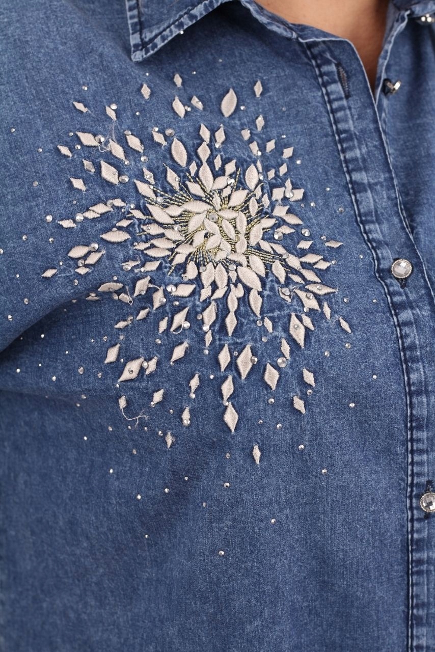 KOSZULA JEANSOWA DAMSKA DUŻE ROZMIARY ELEGANCKA DŁUGA OVERSIZE STYLOWA Rozmiar 42