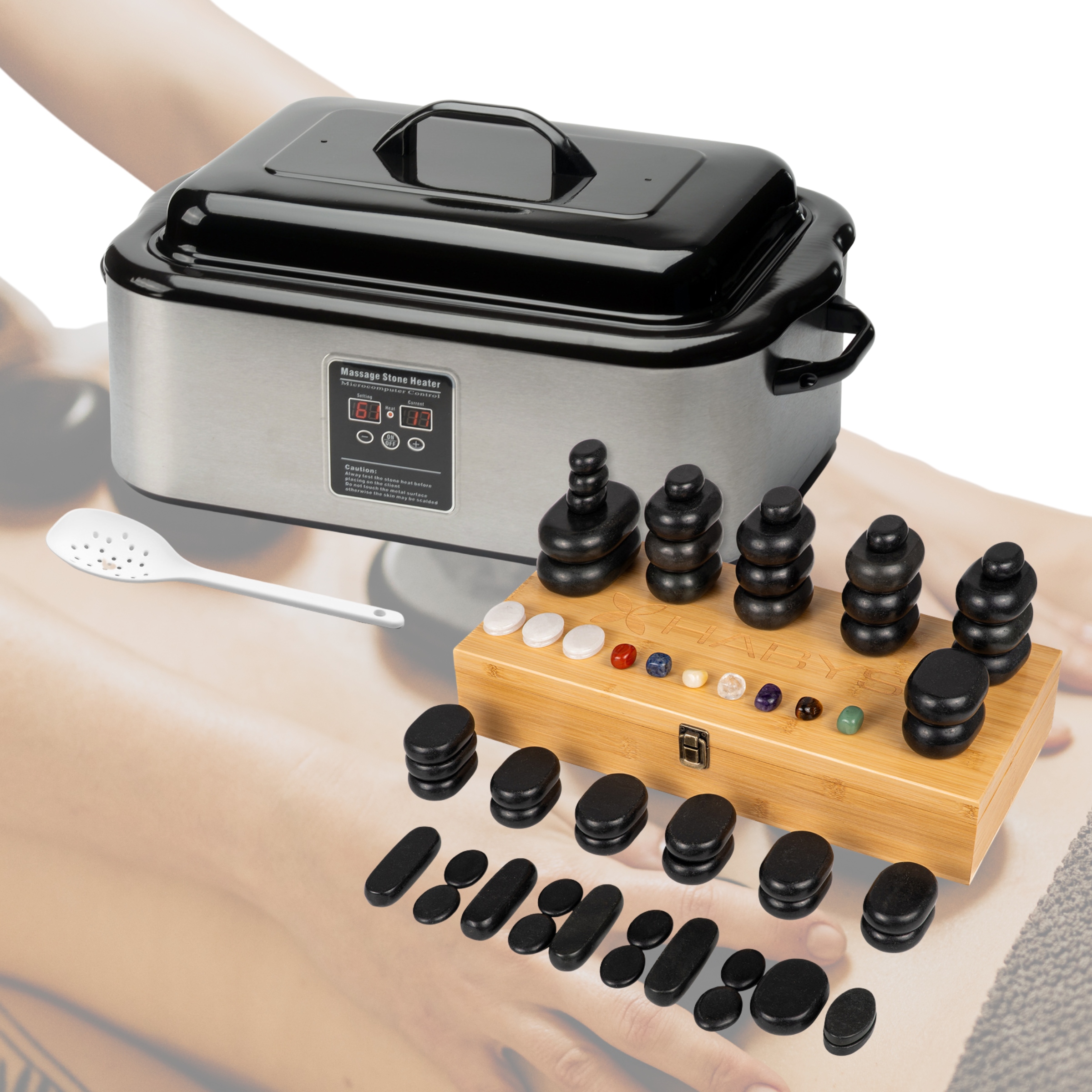 Zestaw Kamieni Bazaltowych Do Masażu 64x Hot Stones Podgrzewacz 17L Cyfrowy