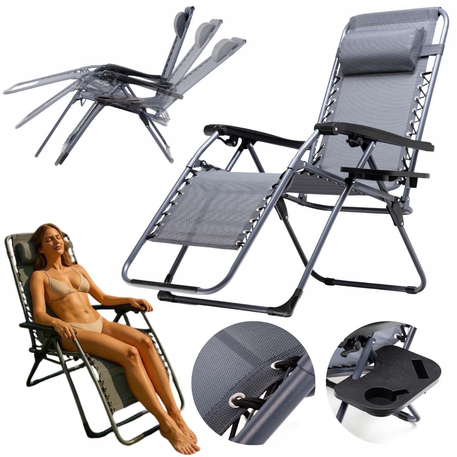 Ležadlo Skladacia Šedá Poduška Držiak Na Nápoj Zero Gravity