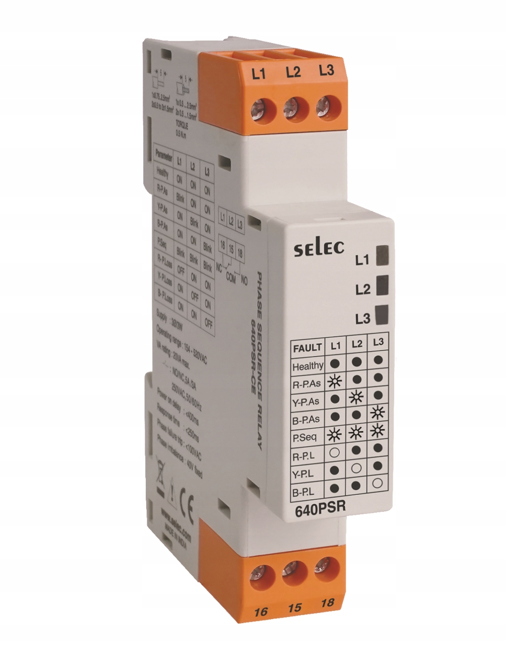 Relé pro kontrolu fází 640PSR (5A; 154-520V) Din; Selec