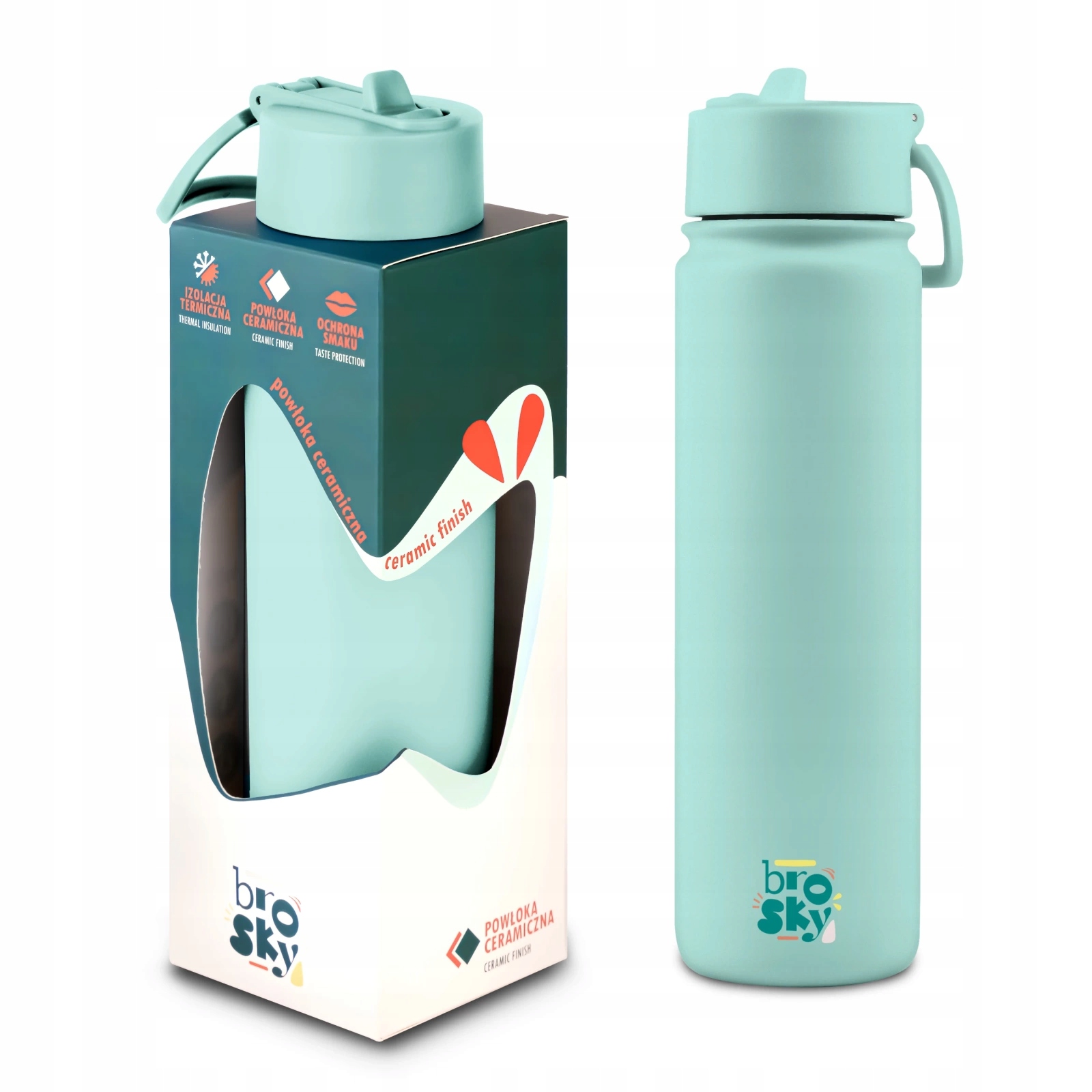 Miętowy bidon na wodę ze słomką, Bez Bpa Duży Szczelny Brosky Basic 680 ml