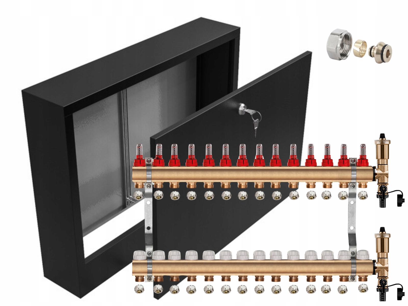 Mosazný Rozdělovač 14 Sekcí Pex Spojky Nástěnná Skříňka Černá