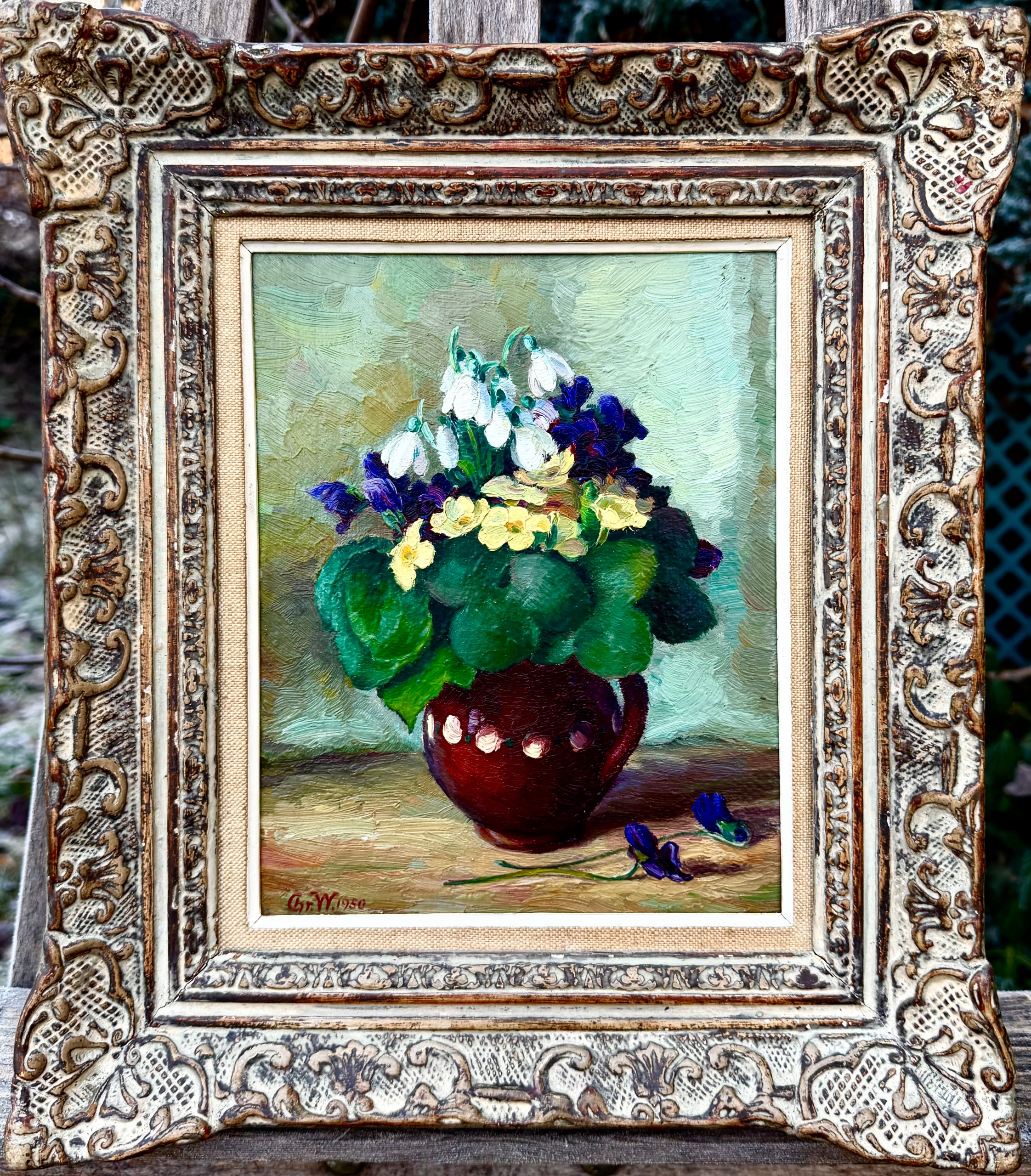 CHR. WOHLGEMUTH - PRZEBIŚNIEGI PIERWIOSNKI I FIOŁKI - PIĘKNY STARY OBRAZ