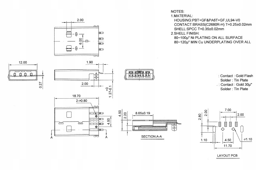 Wtyk USB A do druku SMD 2.0 do pendrive`a Kod producenta Wtyk USB A do druku SMD 2.0 do pendrive