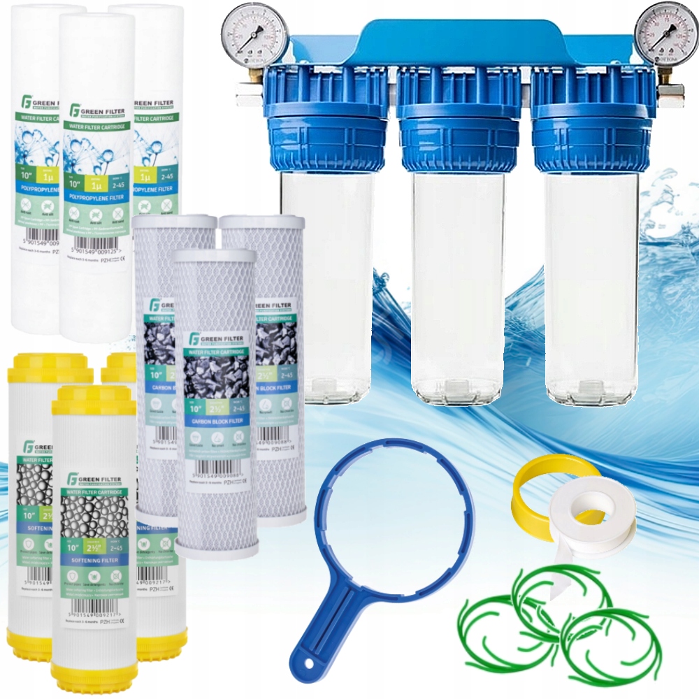 Předfiltr vody, třístupňový trubkový korpus 1/2", změkčovací manometr