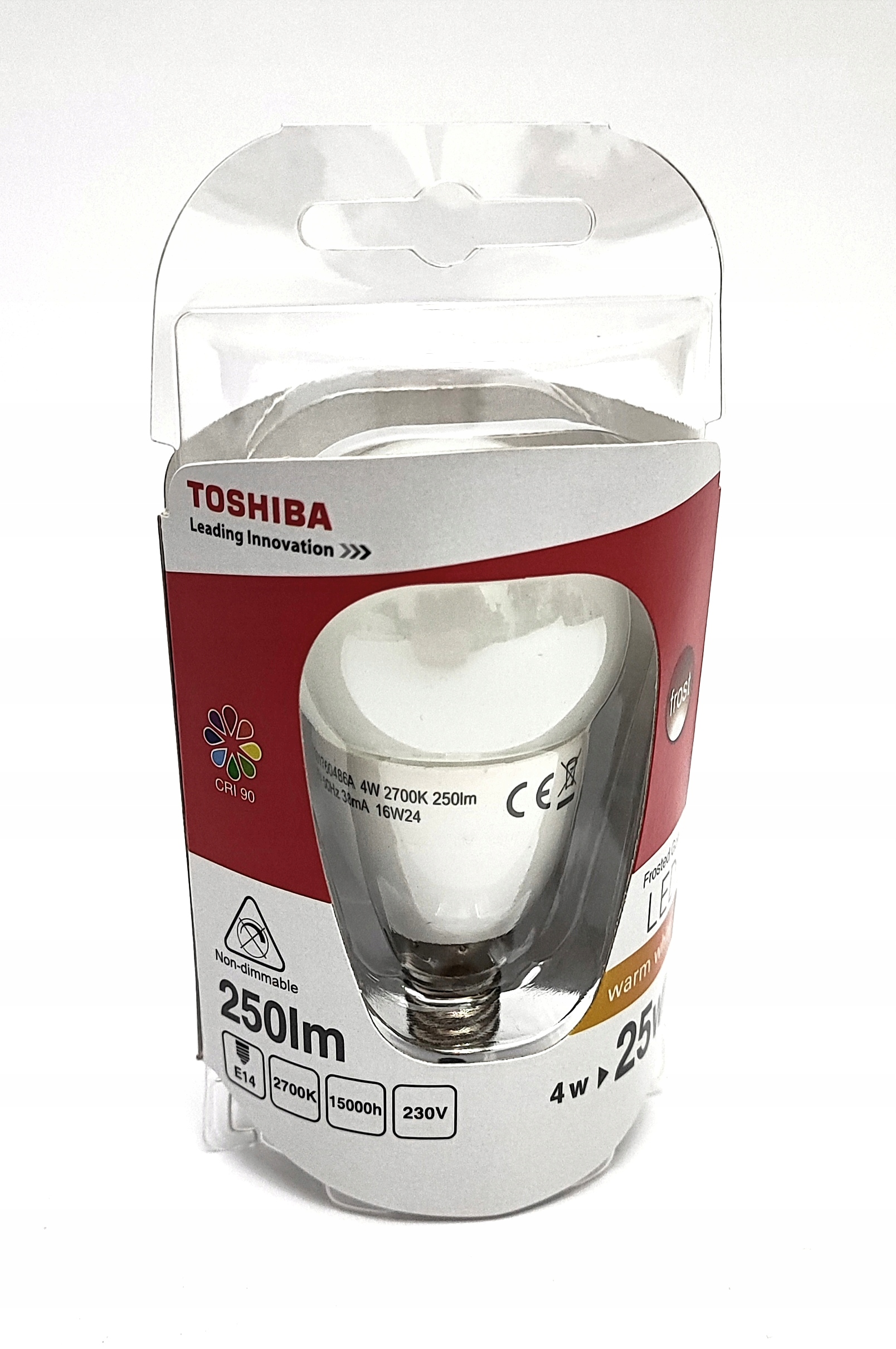 

Led żarówka Toshiba E14, 4W=25W 250lm 2700K, kulka