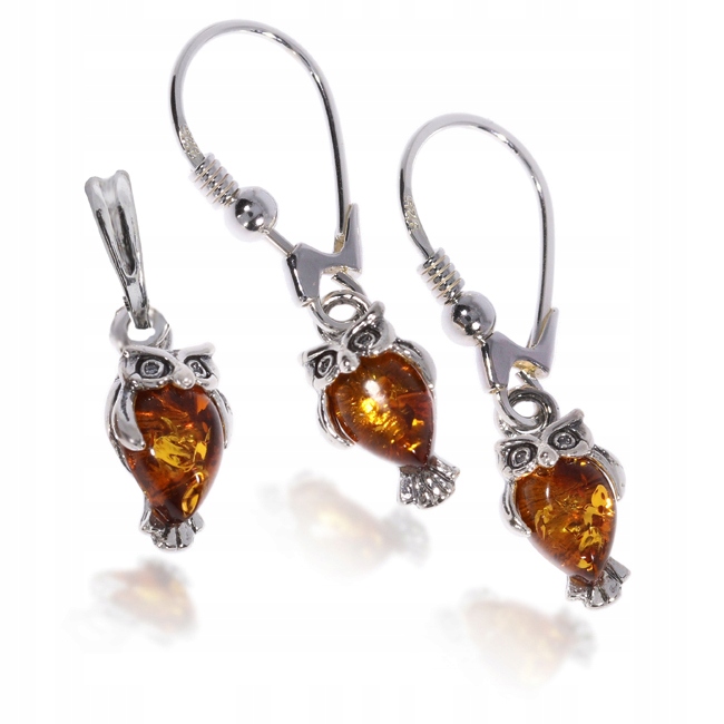 

Sówki Wisiorek I Kolczyki Komplet Z Bursztynem