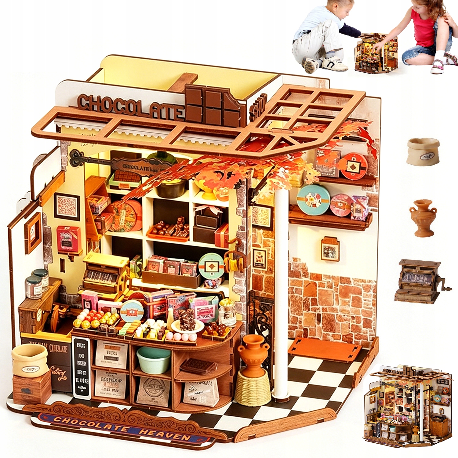 Miniaturowy Model Puzzle 3D Sklep Z Czekoladą Drewno 330 El. Diy Z Led