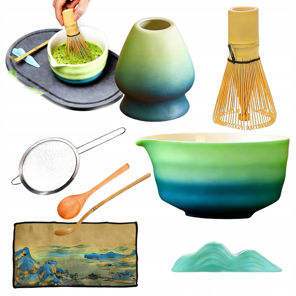 Levně Dárková Sada Na Čaj Matcha Metla Podstavec Lžička