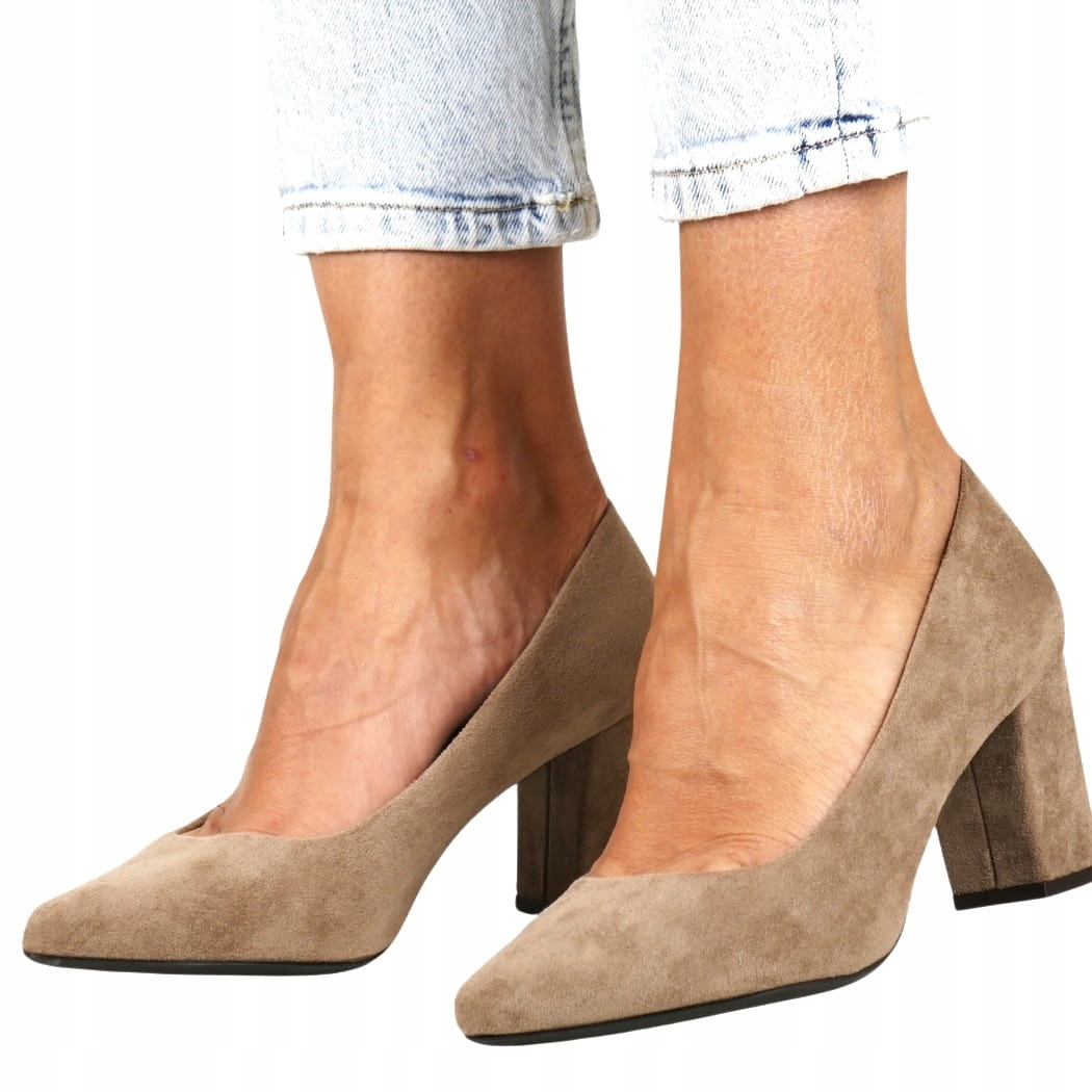 Světle Hnědé Semišové Polobotky Na Podpatku, Pohodlná Stélka, Kůže