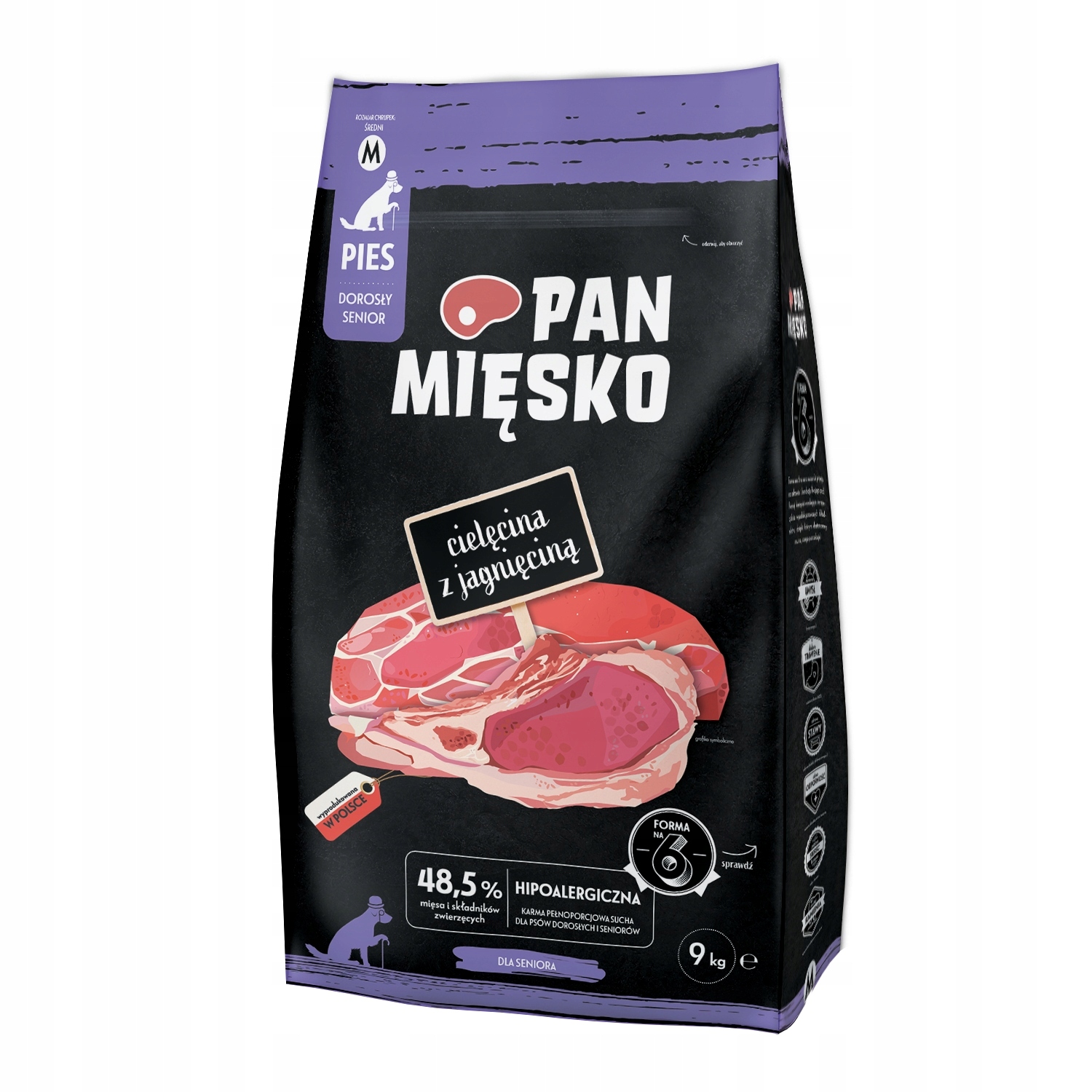 Pan Mięsko Senior Sucha Karma dla Psa Cielęcina z Jagnięciną Chrupki M 9 kg